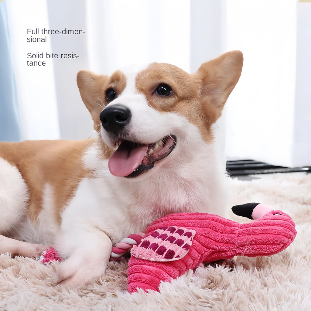 Pink animal-shaped corduroy plush dog toy with squeaker