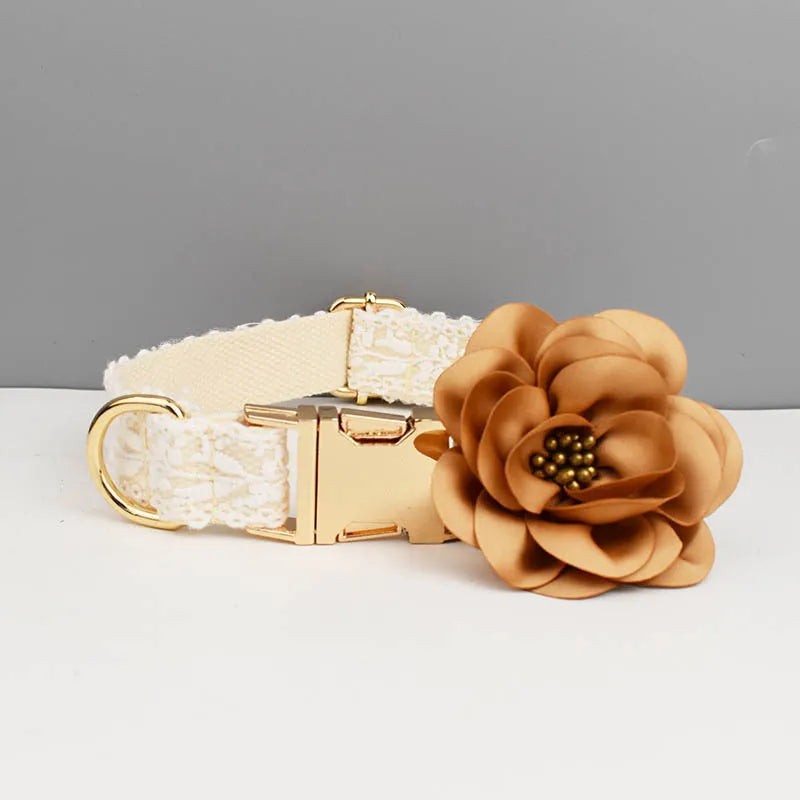 Four-piece dog wedding set with lace vest, matching collar, flower headband, and leash on white background
