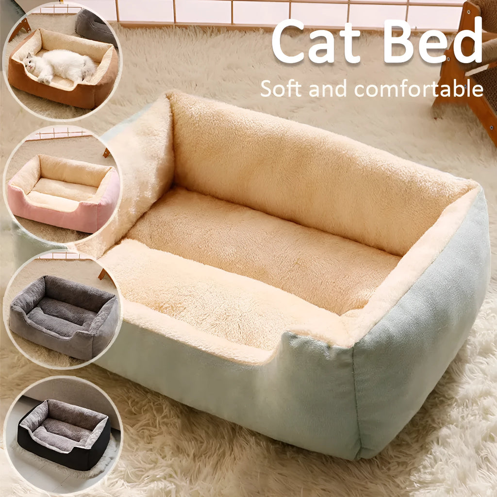 Short plush cat bed in various sizes and colours including black, coffee, grey, green and pink