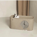 A foldable felt cat nest pet bed shown in khaki colour, with dimensions for scale.