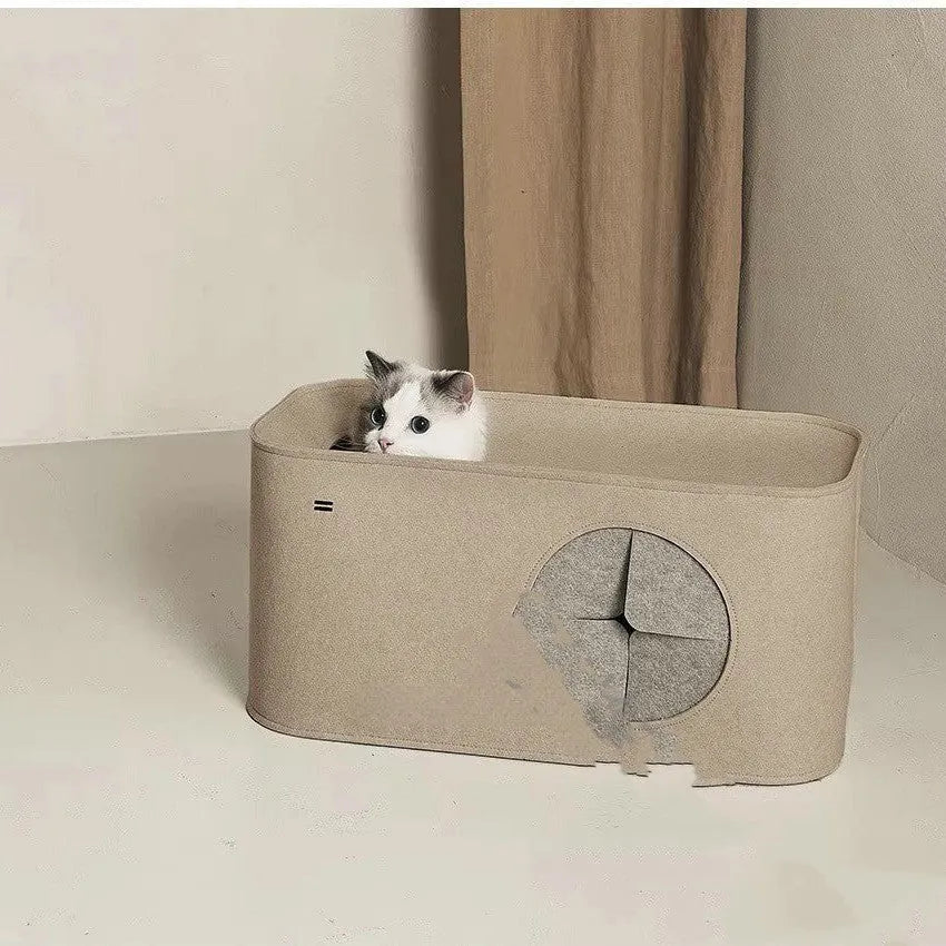 A foldable felt cat nest pet bed shown in khaki colour, with dimensions for scale.