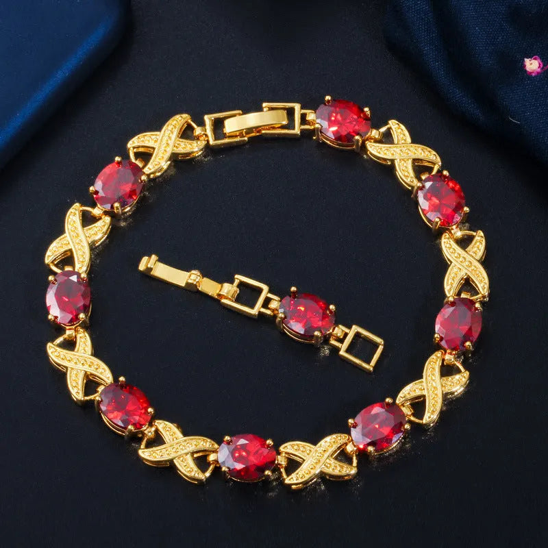Women's gold plated copper zircon bracelet, 18cm with 3cm extender, in blue, green, red or white