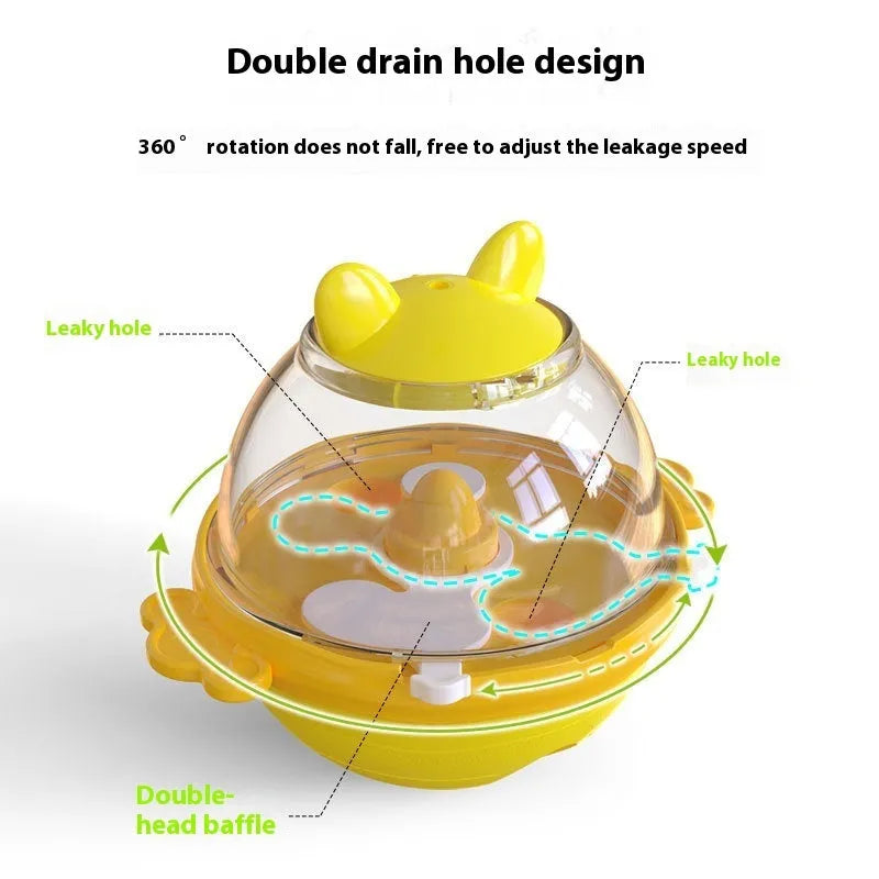 Yellow TPR dog food feeder tumbler toy with measurements 11.2 x 13.9 x 12.2 cm for slow feeding enrichment