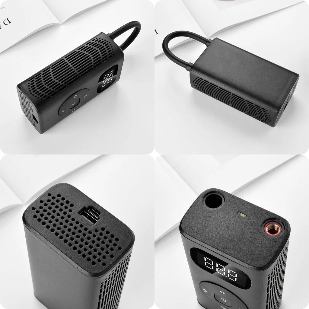 Black aviation aluminium USB rechargeable tyre inflator with digital display and flexible hose.