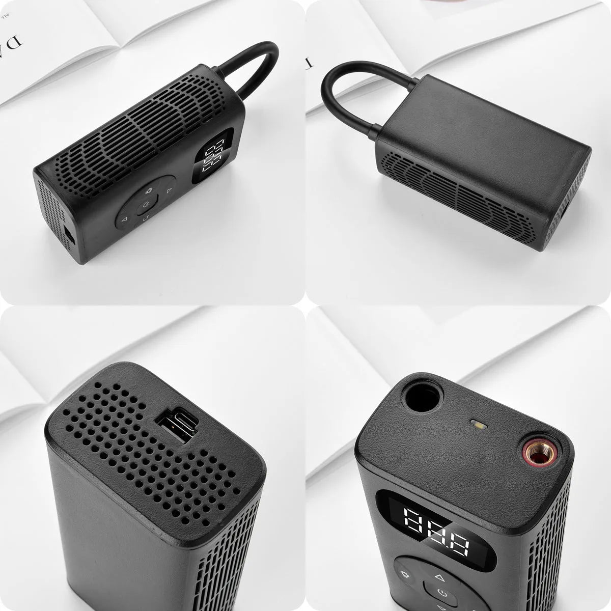 Black aviation aluminium USB rechargeable tyre inflator with digital display and flexible hose.