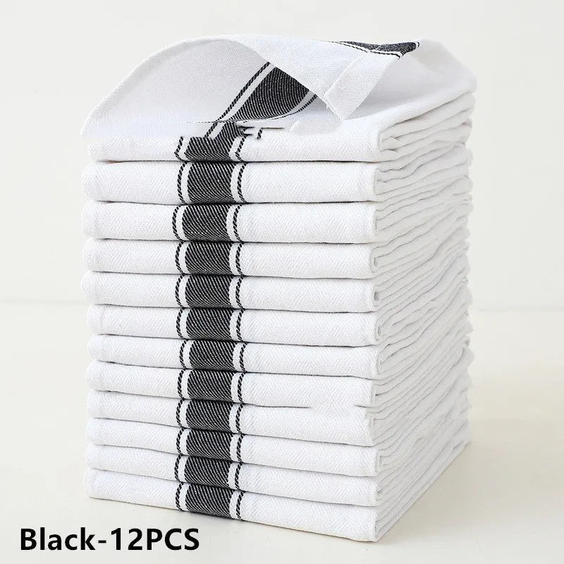 Twelve stripe pattern dish towels in polyester cotton blend fabric showing black, blue, brown, yellow and multicolour options