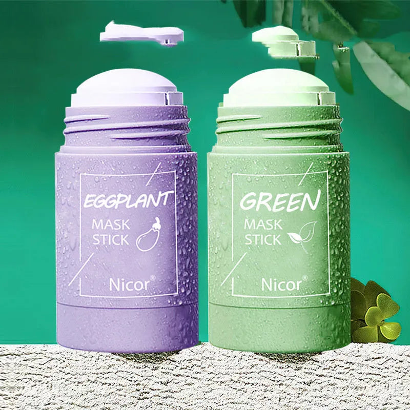 Green Tea and Eggplant solid clay cleansing mask stick in packaging, 40g.