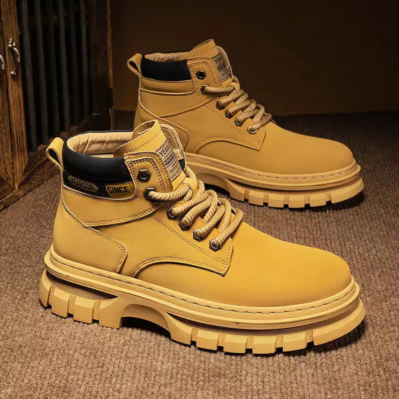 Men's brown artificial PU leather Martin boots with front laces, round toe, and mid-calf height on a rubber sole.