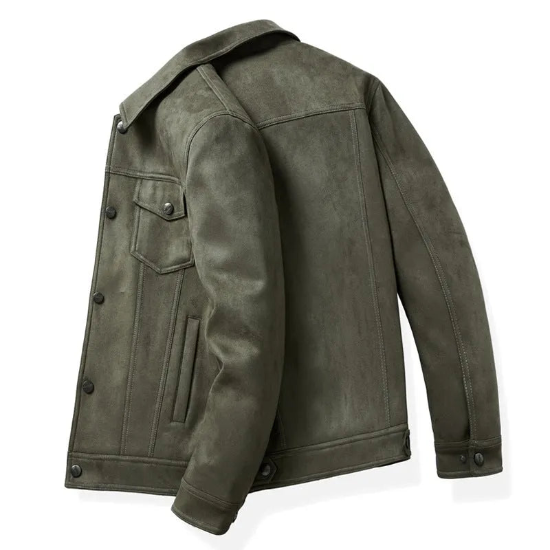 Men's spring suede jacket in solid colour with raglan sleeves and 3D pocket, slim fit, army green
