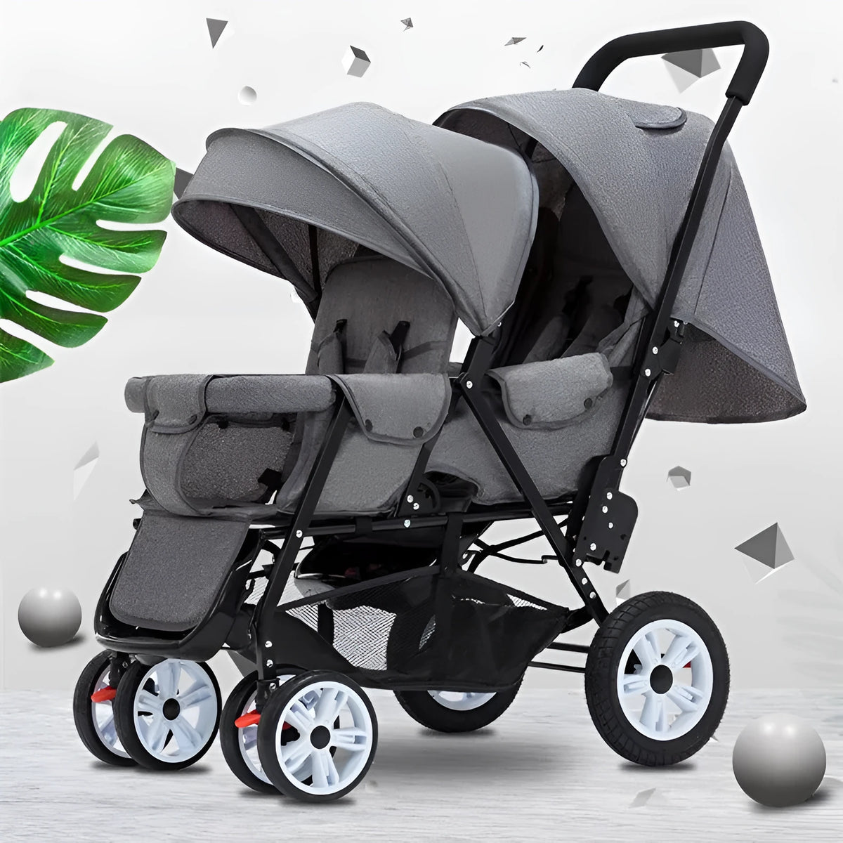 Lightweight double stroller with front and rear seating, folding design, in advanced gray colour