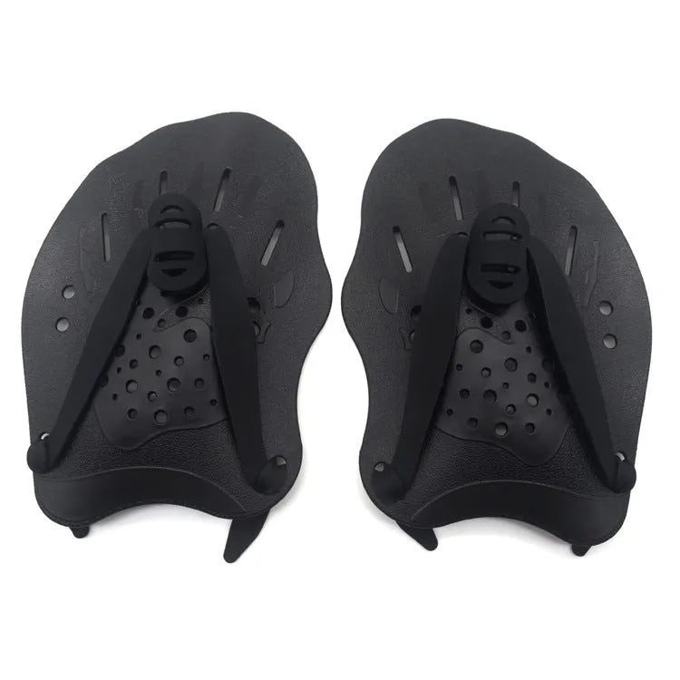 A pair of polypropylene swim training paddles for freestyle stroke practice, shown in multiple colour options.