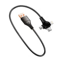 Black telescopic spring data cable with 3-in-1 connector showing Type-C, Micro USB and Lightning ports