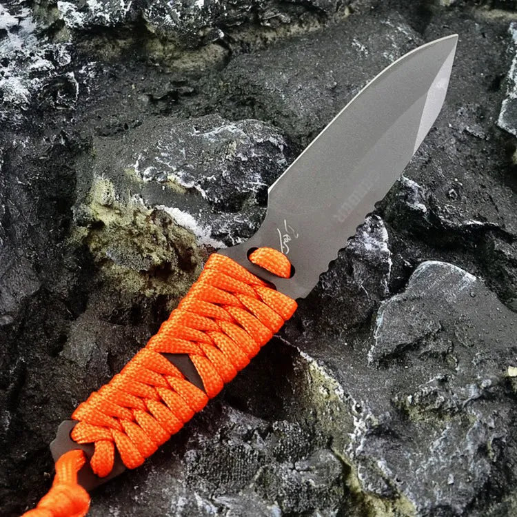 BG197 outdoor camping knife with a straight blade, rope handle, and black ABS plastic sheath.