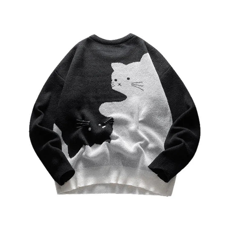 Men's cat pattern round neck knitted pullover sweater in black with jacquard cat motif on front