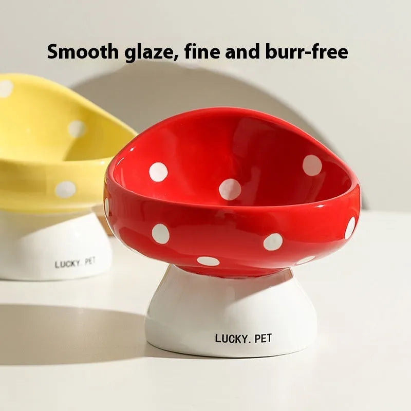 Ceramic cat bowl with oblique mouth rim, 200ml, black and white polka dot pattern