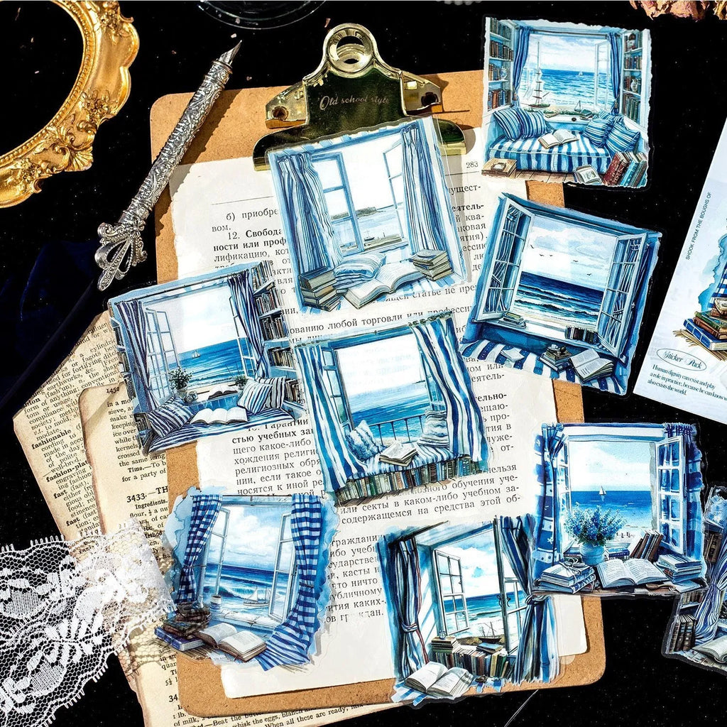 Set of six retro-style window scene decorative journal stickers on a sheet.