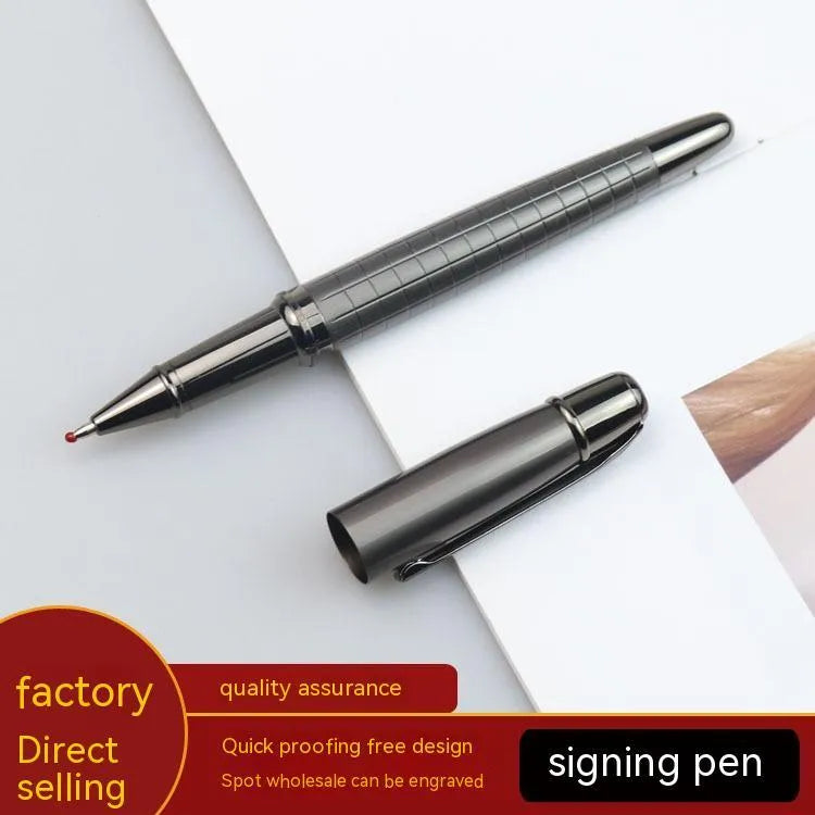 Gun grey metal rollerball pen for office use, shown with refillable ink cartridge options.