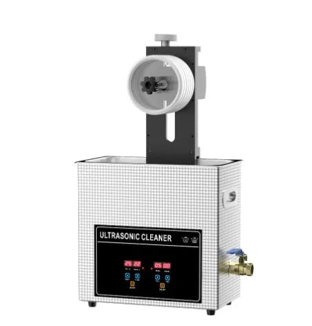 Single-slot benchtop ultrasonic cleaning machine with digital controls and a cleaning bracket inside.
