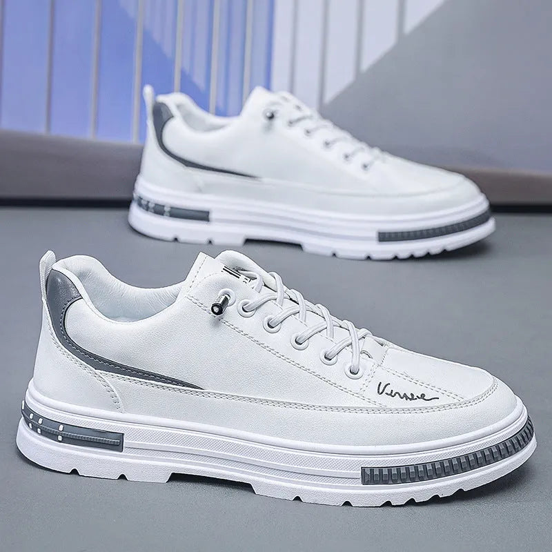 Men's white and black Korean style low-top platform sneakers with elastic band and round toe.