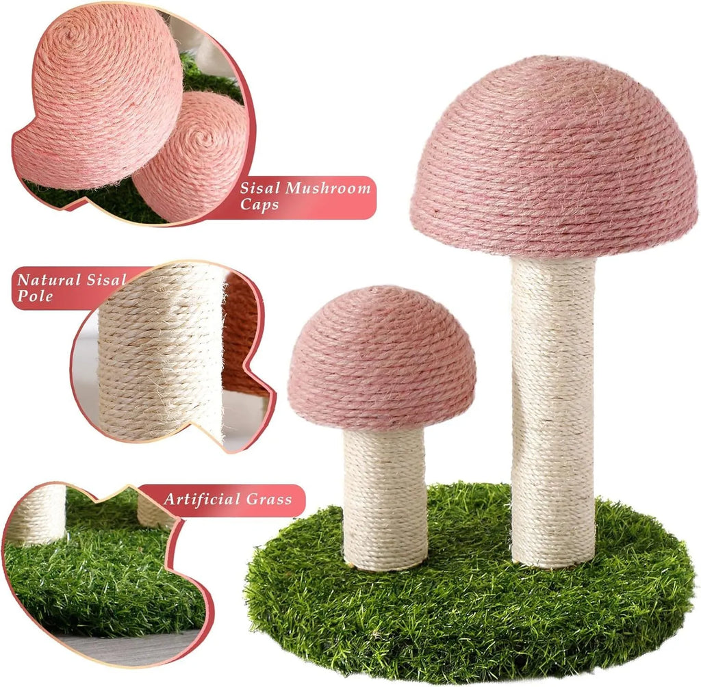 Pink mushroom-shaped cat scratching post with natural sisal caps and pole for small cats
