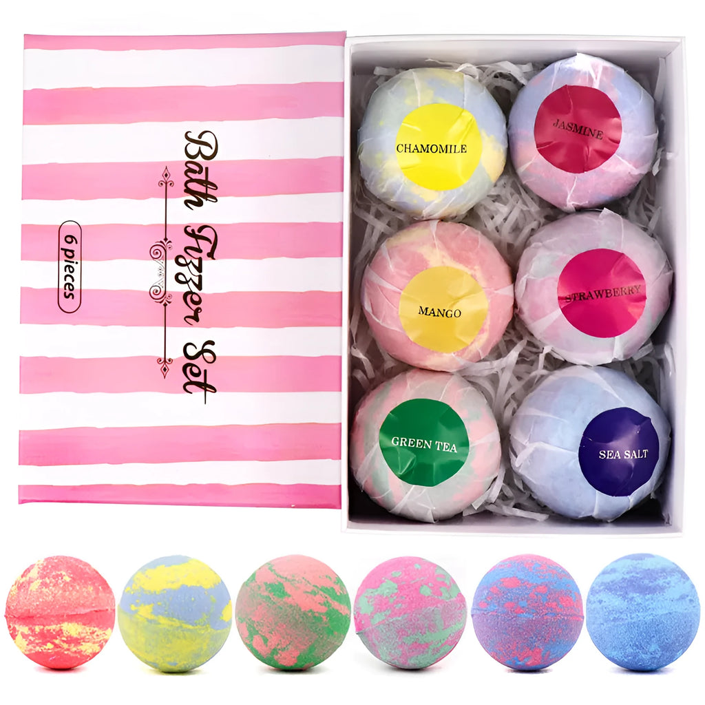 Set of six 60g mixed colour bath salt balls with essential oils and shea butter on a white background
