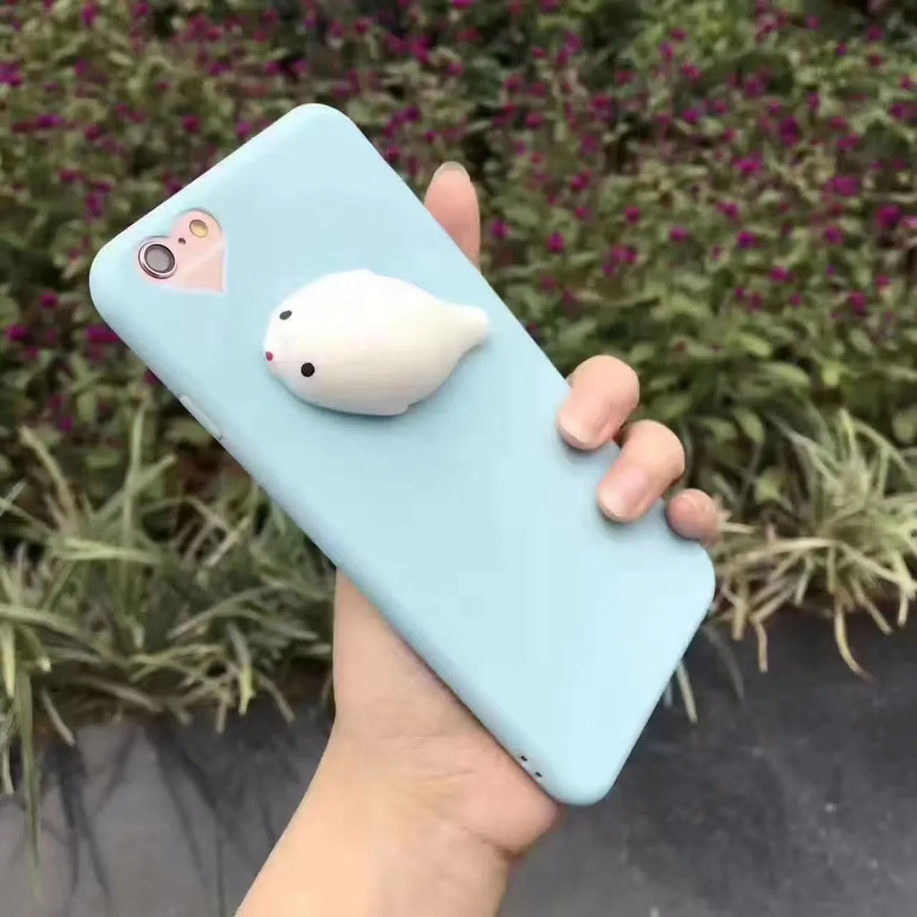Soft silicone iPhone case with 3D cartoon cat design in black, blue, pink, or white colours