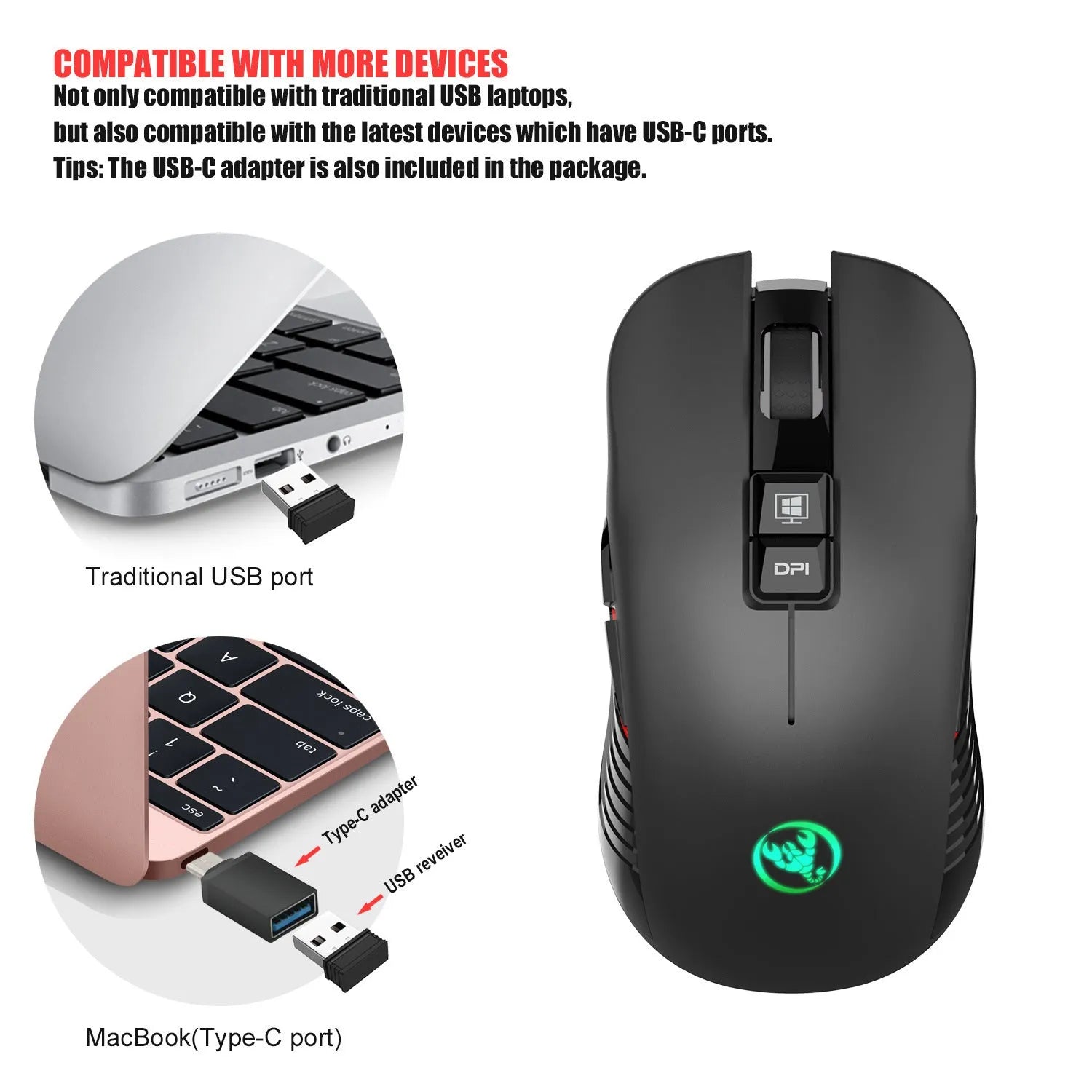 Black wireless gaming mouse with RGB breathing lights on a desk, showing ergonomic shape and scroll wheel.