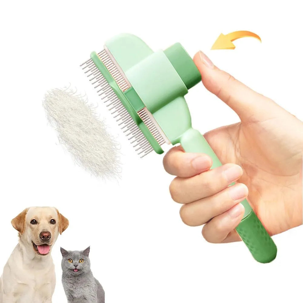 Yellow and green self-cleaning pet combs with stainless steel teeth and release buttons for dog and cat grooming