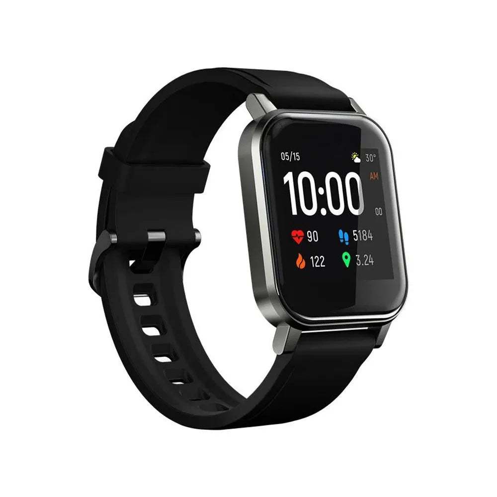 Black waterproof smart bracelet with touchscreen showing heart rate data on a silicone strap
