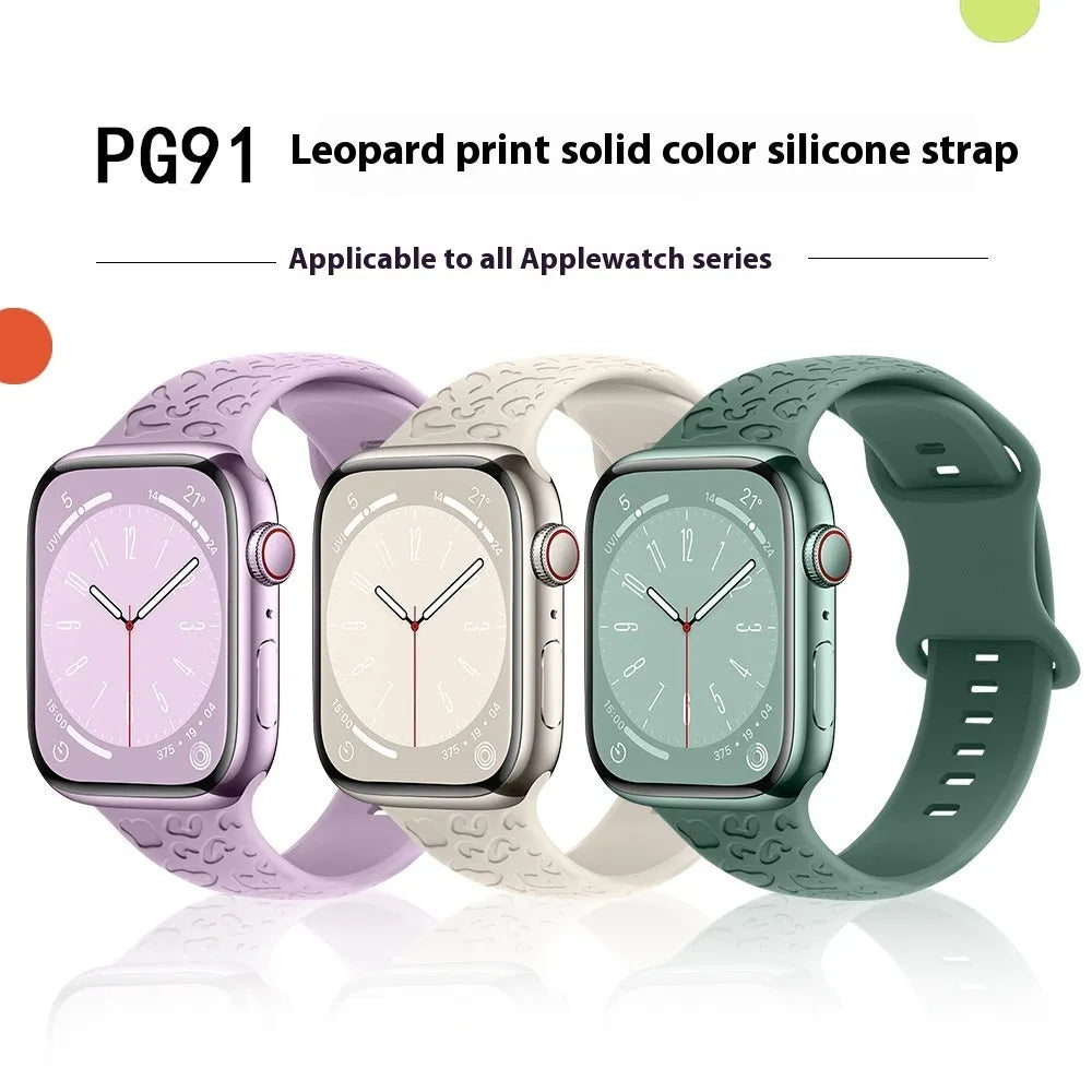Leopard print silicone watch strap with 8-word buckle for Apple Watch 38mm to 49mm case sizes