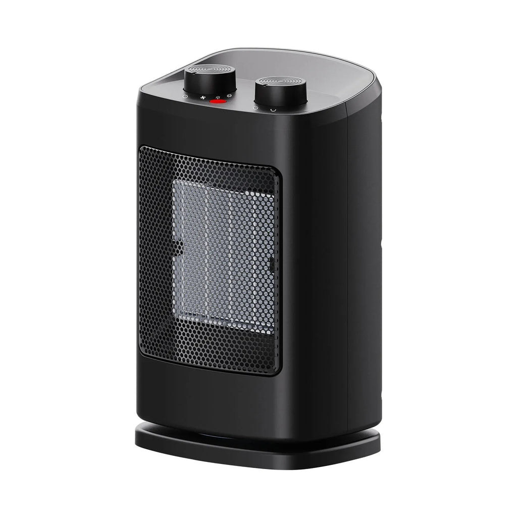 Small black PTC ceramic desktop heater with three fan speeds and tip-over safety switch