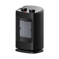 Small black PTC ceramic desktop heater with three fan speeds and tip-over safety switch