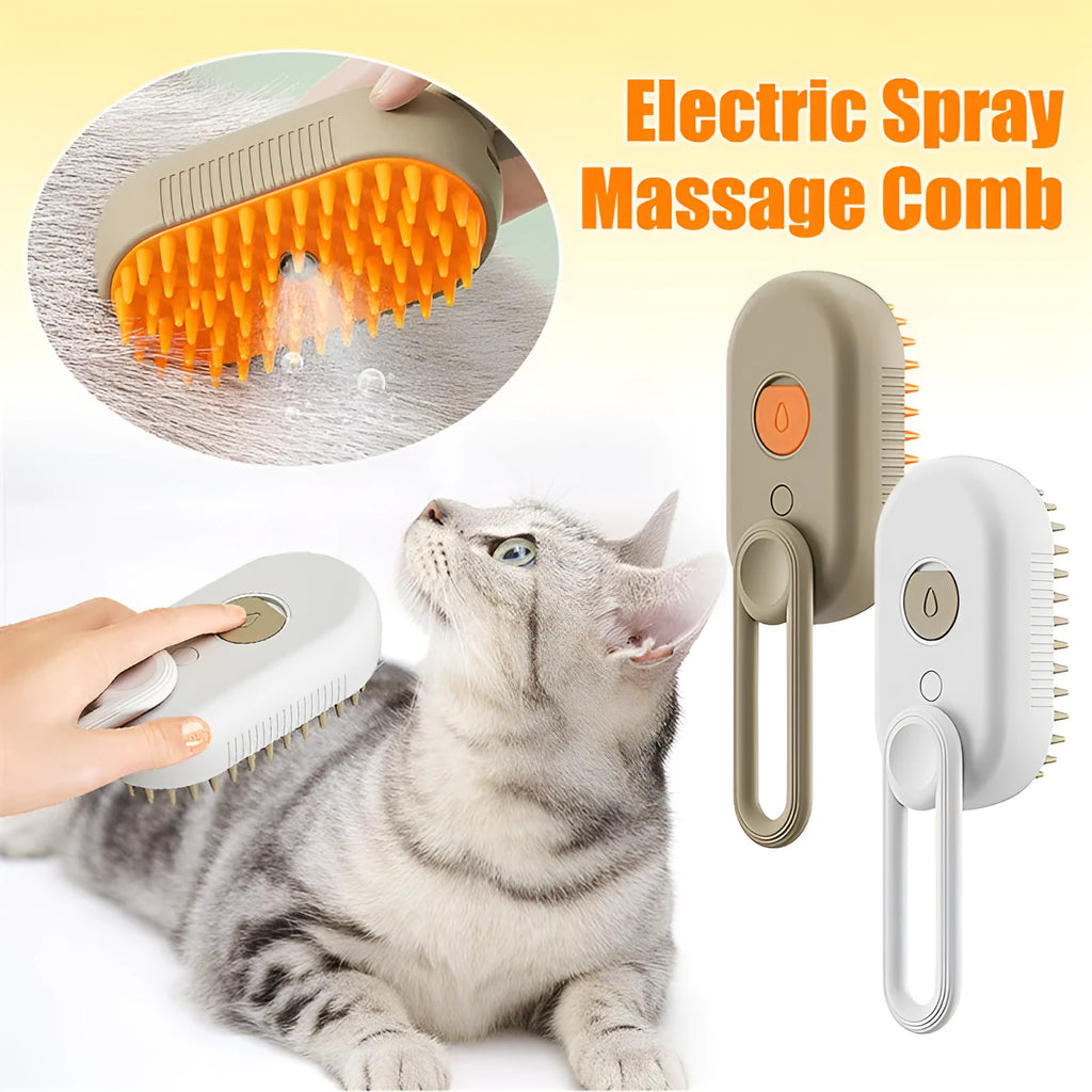 3-in-1 electric steam pet brush in milk brown with silicone bristles and ergonomic handle