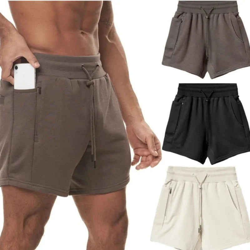 Summer men's multi-pocket sports shorts in green with mid waist cotton blend lining