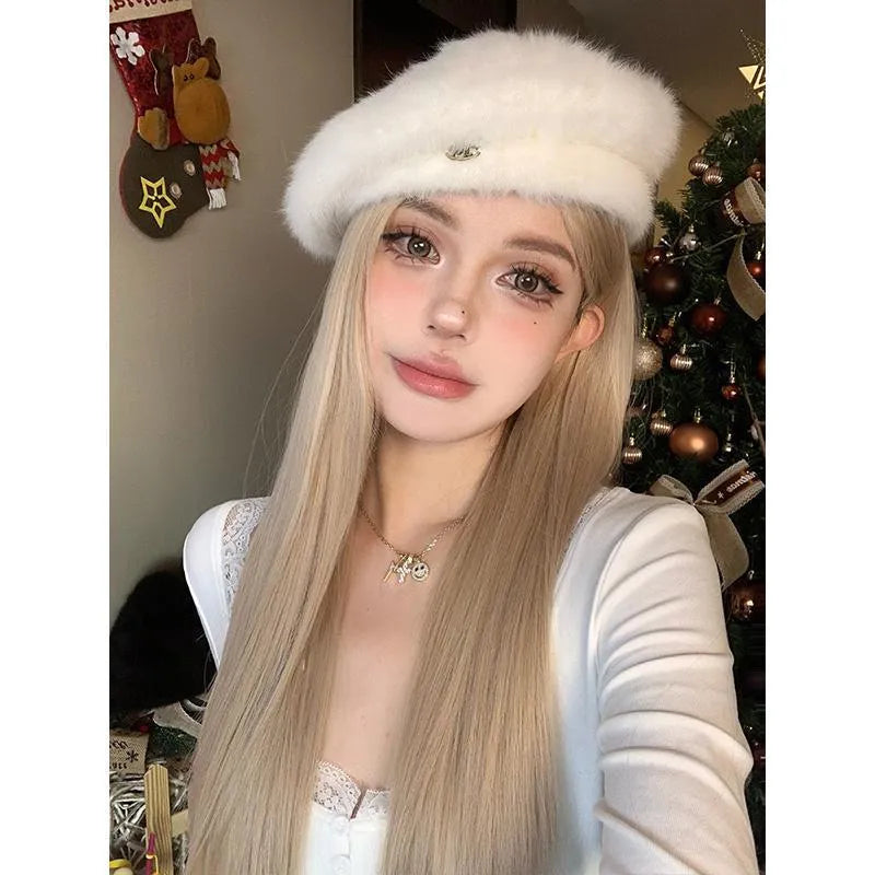Long straight milk tea blonde synthetic wig on a stand with hair net