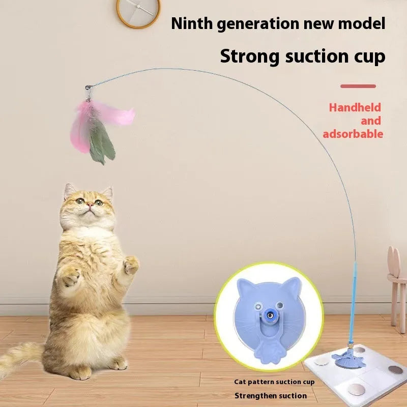 Cat teaser toy with suction cup holder, long brush handle, and bell attachment