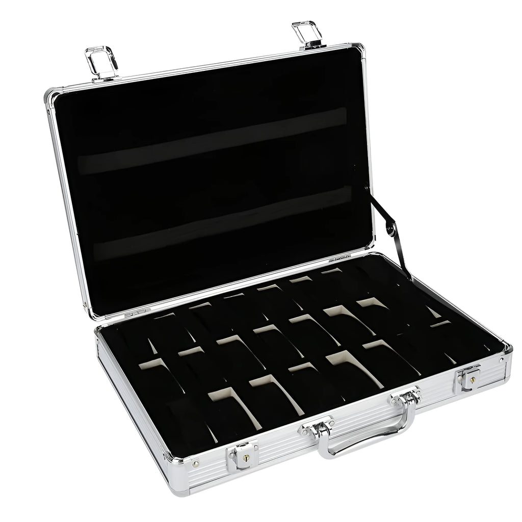 Aluminium alloy watch display box with 24 slots, portable case, 38x26x8cm, colour as picture