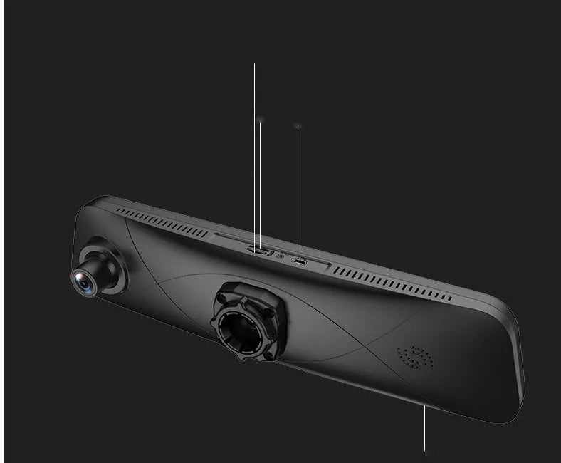 Black dashboard camera with touch screen display showing GPS navigation interface