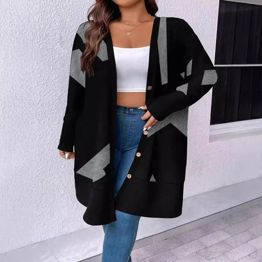 Black plus size loose fit cardigan coat with button stitching and printed details in Japanese Korean style