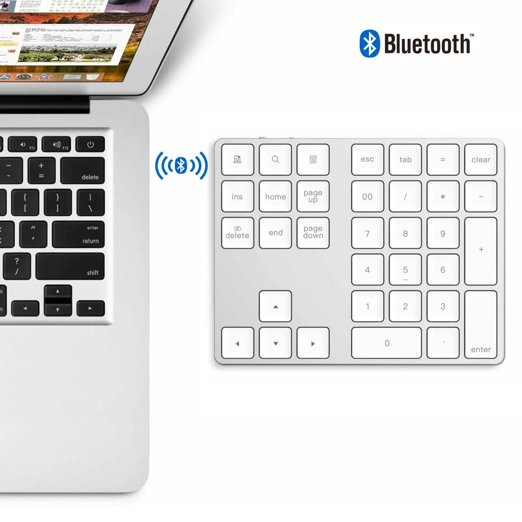 Aluminium Bluetooth numeric keypad with 34 keys in black and silver colour options
