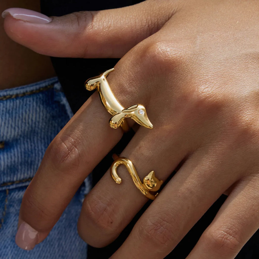 Niche design stainless steel ring with cat and dog geometric shape for women, electroplated finish, multiple colour options
