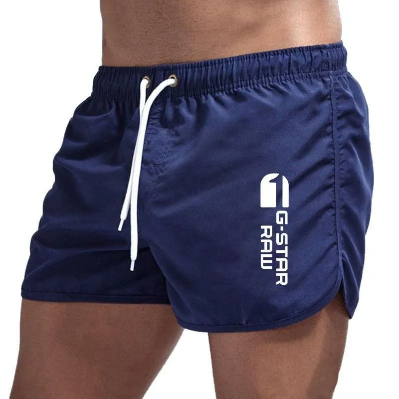 Men's thin hemp-blended polyester sports shorts in multiple colours on a size chart background.