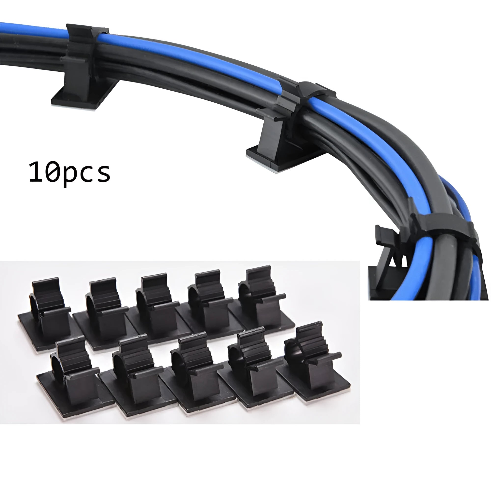 Black nylon adhesive cable clamps in a pack of 10 for securing wires up to 13mm thick.
