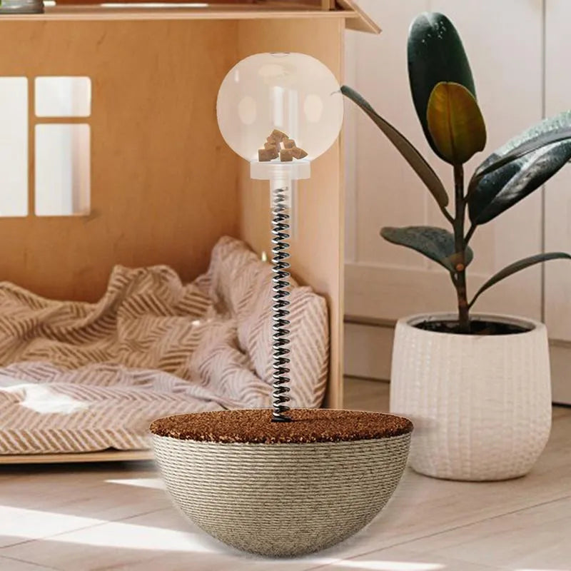 Auto-balancing cat slow feeder toy with rope and PP plastic construction for interactive feeding