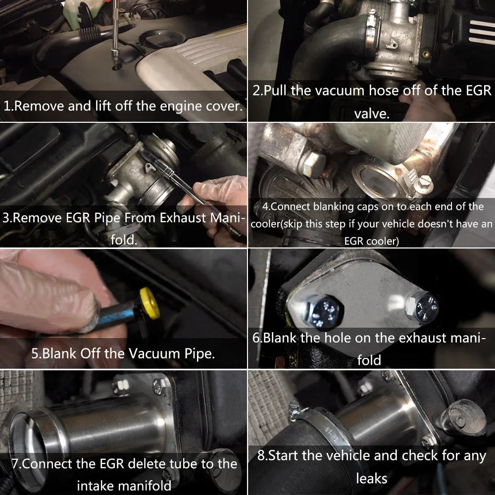 BMW E46 diesel EGR deletion kit showing black removal pipe, blanking plates, bolts, washers, plug and cable ties