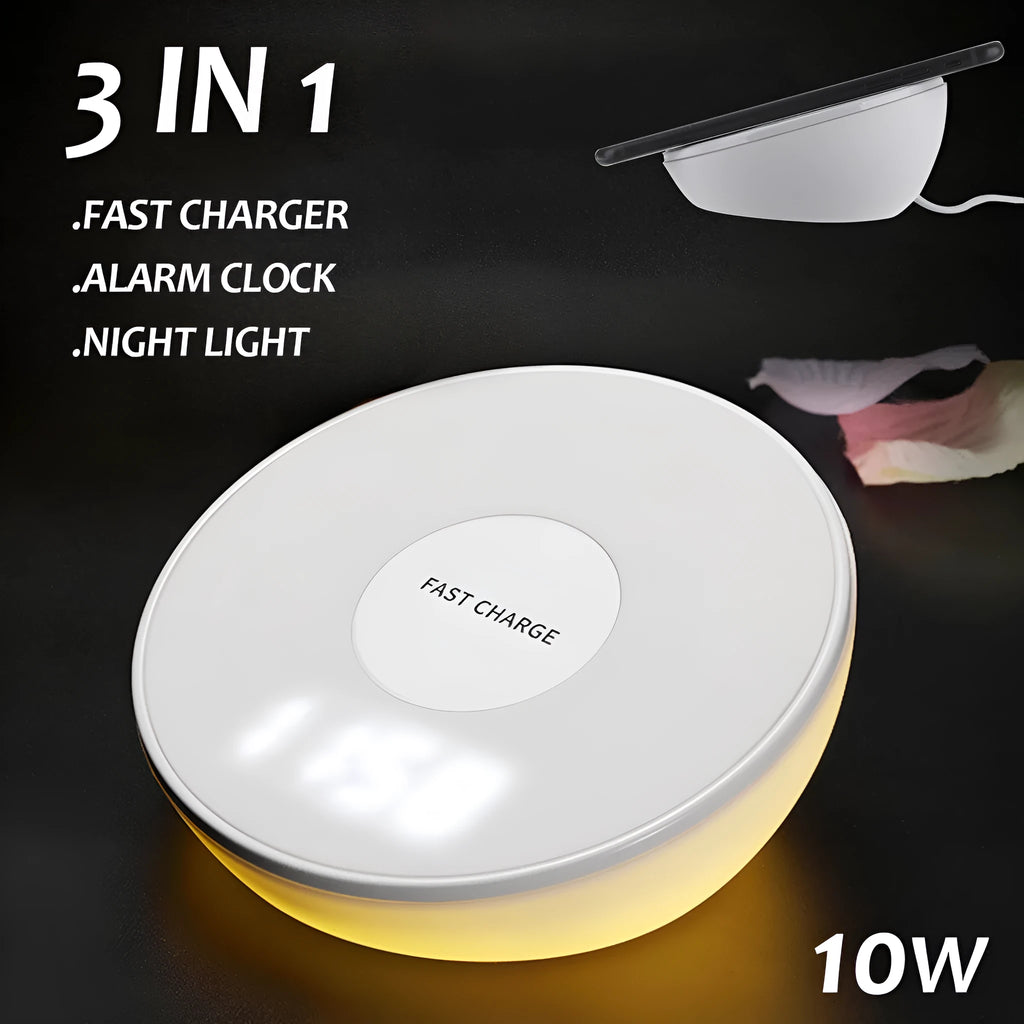 White wireless charger with clock display and three control buttons for smartphone charging