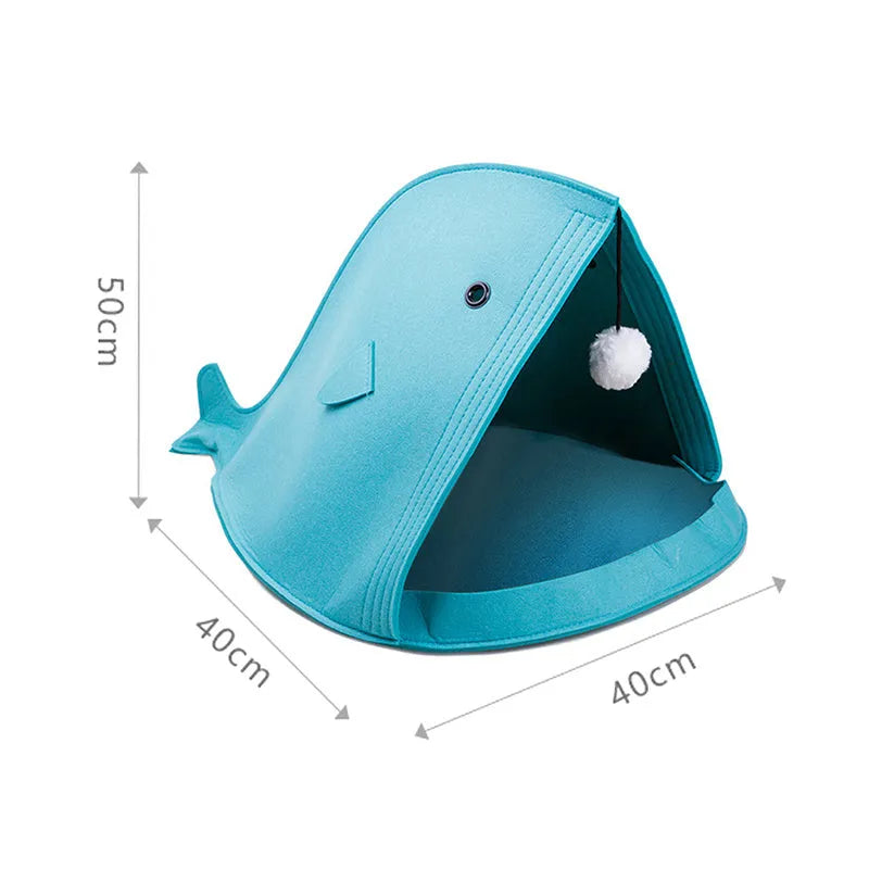 Foldable felt pet nest in blue, size 40x40x50cm, made from non-woven felt, tear resistant and washable