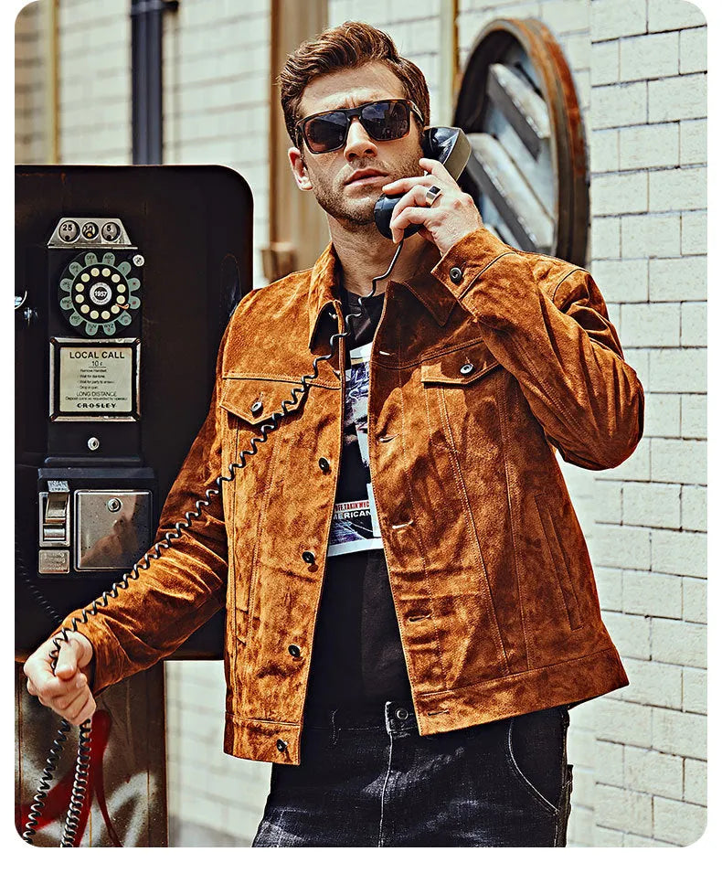 Men's brown pigskin leather biker jacket with asymmetric zip front and stand collar