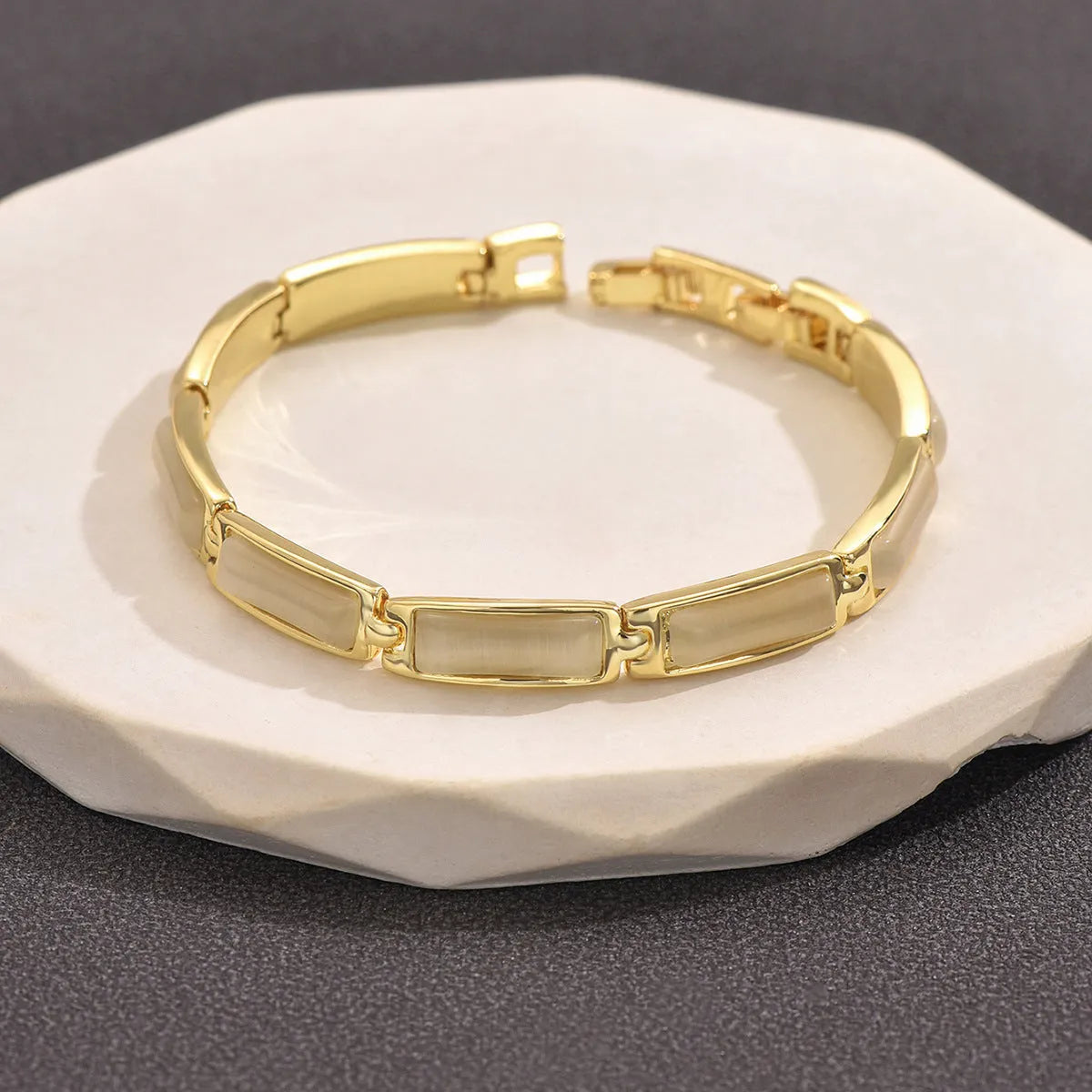 Geometric rose gold alloy bracelet with gemstone inlay for women, quadrilateral shape