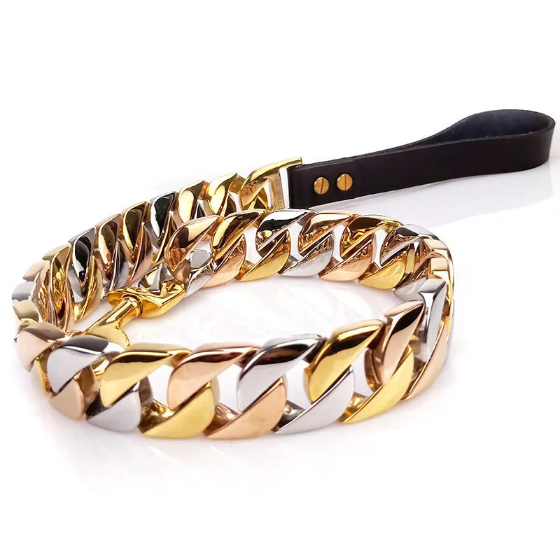 Stainless steel dog leash with golden buckle ends, shown in gold, rose gold, and steel colour, 60cm to 120cm.